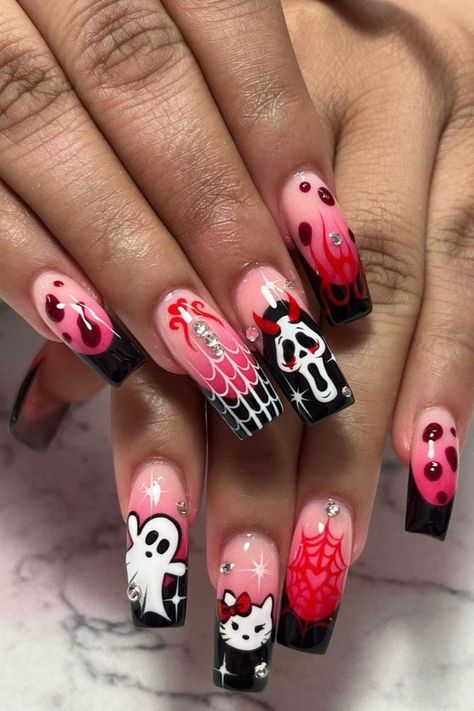 These artists walk us through their most requested Halloween nails and the colours that make them squeamish in the best possible way. © Instagram @ibedoingnails Halloween Nails, Hello Kitty, Kitty, Nails, Halloween, Pink, Black