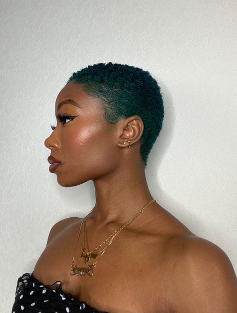 Bald Hair Color Black Women, Dyed Short Natural Hair Black Women, Shaved 4c Hair, 4c Buzz Cut Black Women, Short Dyed Hair Black Women 4c, Short Green Hair Black Women, Dyed Buzzed Hair Black Women, 4c Short Haircut Color, Dyed Shaved Hair Black Women