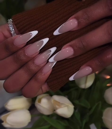 Almond French Tip Black Woman, Almond Shaped Nails French Tip, Almond Shaped French Tips, Almond Black French Tip Nails, Almond Shaped French Tip Nails, Almond Frenchies, Almond Shape French Tip, Rounded Stiletto Nails, House Interior Makeover