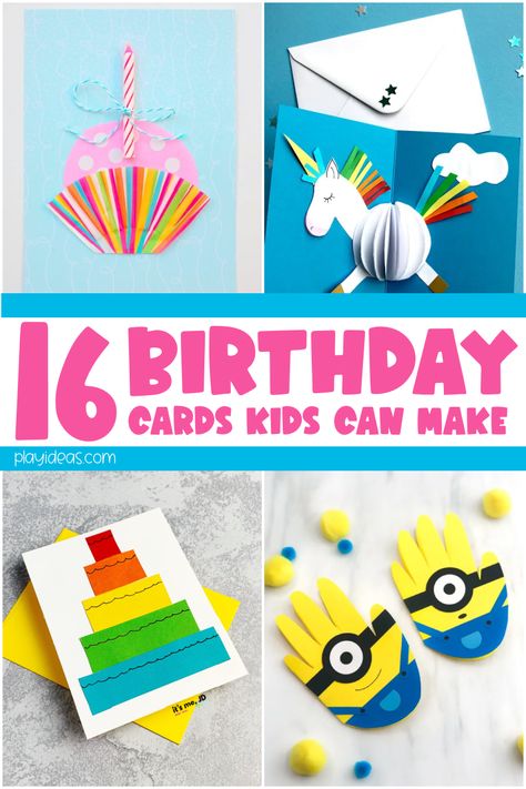 Surprise a friend or family member with a super special homemade card. We've rounded up 16 easy birthday cards kids can make all by themselves. So sweet! Birthday Card Ideas Diy Easy, Homemade Invitations Birthday, Easy Birthday Invitations Diy, Diy Cards For Kids To Make, Birthday Card Made By Kids, Birthday Card Ideas From Kids, Cards For Kids To Make Easy, Diy Birthday Cards For Teacher, Kids Handmade Birthday Cards