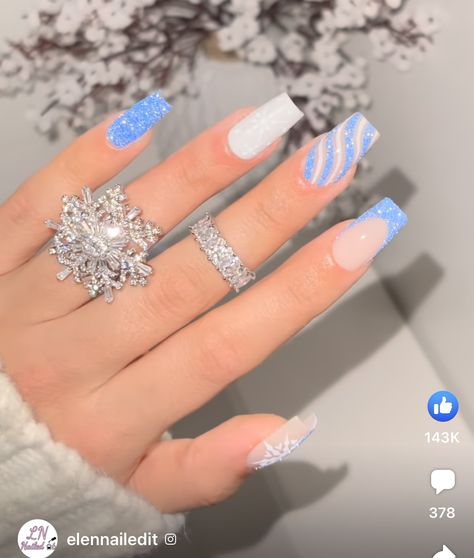 Winter Nail Sets Blue, Cute Winter Acrylic Nails Coffin, Winter Acrylic Nail Designs Coffin, Christmas Acrylic Nails Glitter, Winter Nails Light Blue And White, Baby Blue And White Christmas Nails, Christmas Nails Ideas 2023, Simple Holiday Nails Acrylic Square, Blue Xmas Nails Short