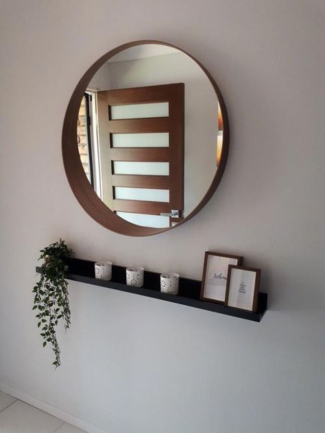 Entryway ideas. Hallway Mirror With Shelf, Picture Shelf With Mirror, Hallway Mirror And Shelf, Shelf Under Round Mirror, Floating Shelf Decor Hallway, Picture Ledge With Mirror, Stockholm Ikea Mirror, Floating Shelf Under Mirror, Wall With Mirror And Pictures