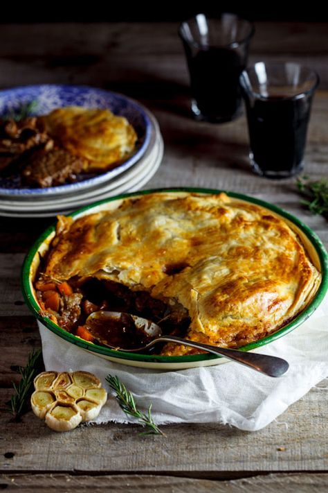 Slow-cooked lamb, rosemary and roasted garlic pie Wine Pie, Steak And Guinness Pie, Lamb Pie, Beef Mushroom, Steak Pie, Rough Puff Pastry, Slow Cooked Lamb, Lamb Dishes, Homemade Beef