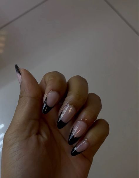 Black almond french tip nails. #acrylic #acrylicnails #nails #blacknails #blackfrench #frenchtipnails Birthday Nail Ideas Acrylic Almond, Almond Black Tip Nails, Almond French Tip Nails Black, Black Tip Nails Almond, Black French Tips Almond, Almond Nails Black French Tip, Black Almond French Nails, Acrylic Nails Black French Tip, Black Almond French Tip