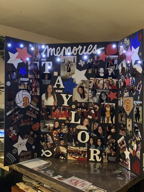 Senior Boards Ideas, Senior Photo Boards Display, Open House Poster Board Ideas, Graduation Night Pictures, Poster Board Decoration Ideas, Senior Night Poster Board Ideas, Senior Night Trifold Board Volleyball, Senior Grad Party Picture Board, Senior Boards For Cheerleading