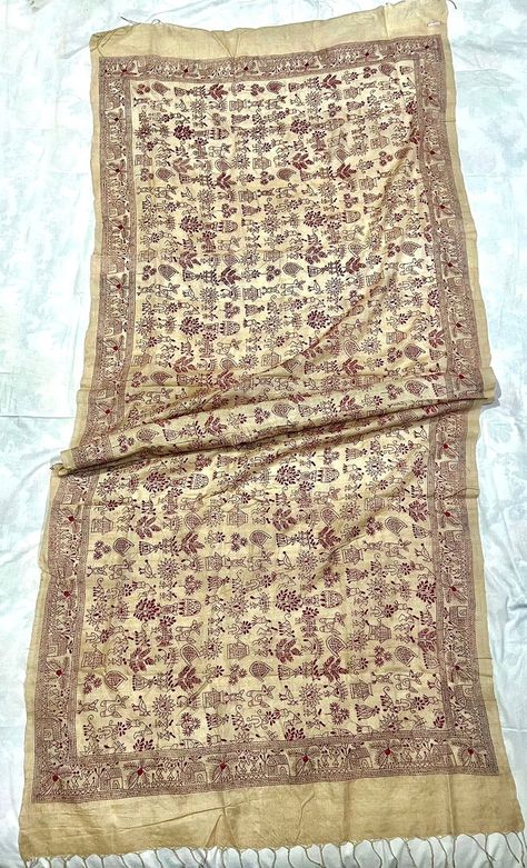 This is an authentic hand-embroidered Kantha Stitch Dupatta from Murshidabad. The unique warli folk motif kantha embroidery design is entirely handcrafted by our skilled artisans. The most significant aspect of hand embroidery is the running stitch pattern of warli folk motif that accentuates the various activities of lifestyle. Folk Motif, Embroidery Dupatta, Kantha Stitch, Silk Dupatta, Hand Embroidery, India, Embroidery, Silk, Pure Products