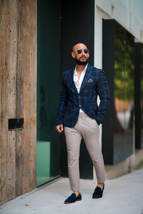 Elegant mens wear, how to wear your blue check blazer with a blue tassel loafer shoe Check Blazer Outfits Men, Checked Blazer Outfit Men, Blue Blazer Outfit Men Wedding, Blue Loafers Men Outfit, Blazer Outfits Men Wedding Indian, Blazer With Tshirt, Checked Blazer Outfit, Blue Blazer Outfit Men, Blue Blazer Outfit