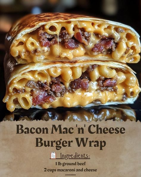 🌯🥓🧀 Bacon Mac 'n' Cheese Burger Wrap! 🌯🥓🧀 🔥Ready to experience the ULTIMATE comfort food combo?🔥 Picture this: a juicy, mouthwatering burger wrapped in a soft tortilla, stuffed with creamy mac 'n' cheese and crispy bacon! 🤤 This recipe is a total game-changer! Perfect for a quick dinner or a fun weekend treat! ✨ Ingredients: Ground beef patties 🍔 Cooked macaroni & cheese 🧀 Crispy bacon 🥓 Large tortillas 🌯 Your favorite burger toppings (lettuce, tomato, etc.) 🥬🍅 ✨ Instructions: Grill or c... Bacon Mac N Cheese, Cheeseburger Mac And Cheese, Burger Wrap, Bacon Cheese Fries, Mac And Cheese Burger, Food Combos, Ground Beef Recipe, Bacon Mac And Cheese, Beef Patties