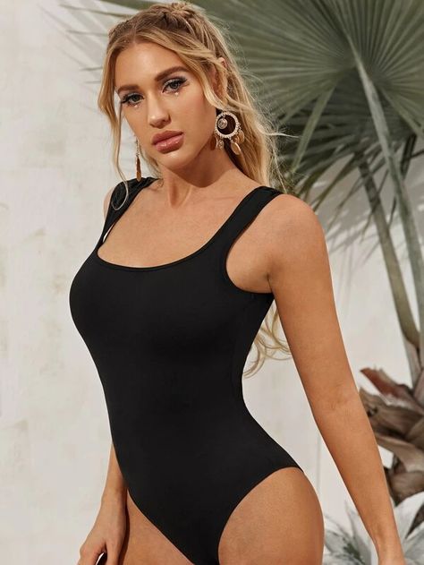 Form-Fitting Solid Tank Bodysuit | SHEIN USA Black Tank Top Bodysuit, Tshirt Style Outfit, Summer Bodysuits, Tank Top Bodysuit, Solid Jumpsuit, Spring Dresses Casual, Tank Bodysuit, Luxury Wear, Black Tank Top