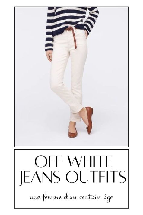 Here is an outfit idea for the best off white jeans. Dressing up white jeans for women has never been easier with this style guide. Learn how to wear and pair jeans with different tops, shoes, and accessories. This outfit idea can create chic and modern outfits all year round! Off White Pants Outfit, Off White Jeans Outfit, Ecru Jeans Outfits, Stylish Jeans Outfit, White Jeans For Women, Pant Outfits For Women, How To Wear White Jeans, Ecru Jeans, Outfit For Petite Women