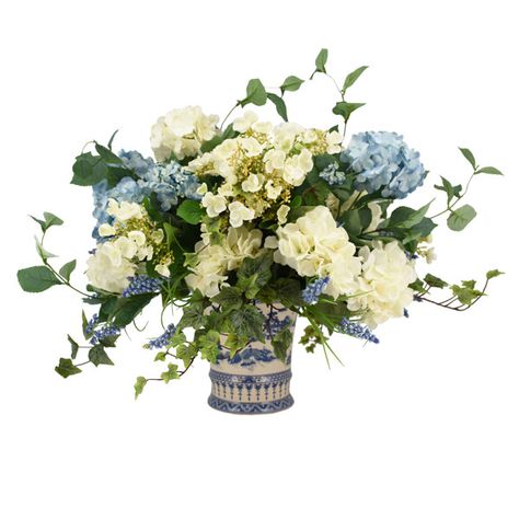 Creative Displays, Inc. Hydrangea Floral Arrangement in Vase | Wayfair Blue And White Hydrangea, White And Blue Ceramic, Blue Ceramic Vase, Hydrangea Arrangement, Hydrangea Vase, Large Hydrangea, Hydrangea Arrangements, Peonies And Hydrangeas, Silk Arrangements