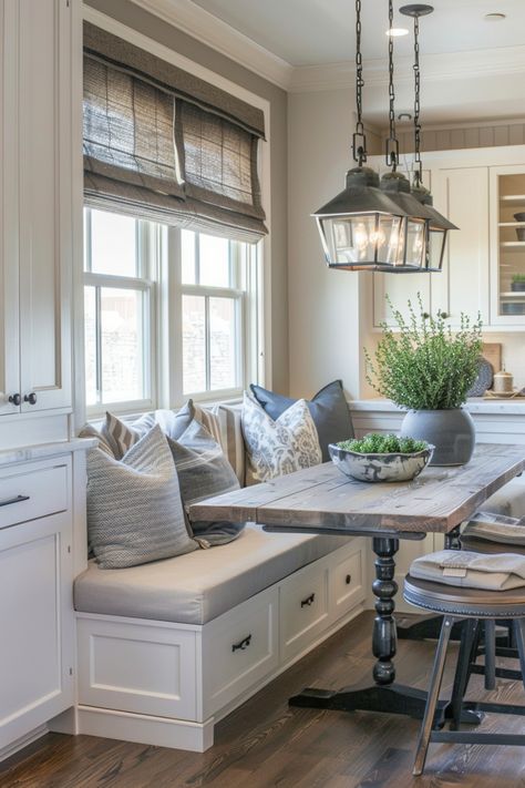 Ideas for farmhouse breakfast nooks for lazy Sunday mornings. Farmhouse Nook Table, Breakfast Nook Not In Corner, Cottage Style Breakfast Nook, Kitchen Table Window Seat, Breakfast Booth Kitchen, Home Renovation Ideas On A Budget, Modern Farmhouse Breakfast Nook, Kitchen Eating Nook, Dining Table Decor Everyday