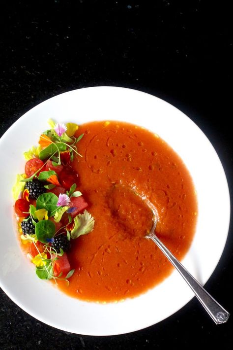 Watermelon Gazpacho Recipe, Berry Pizza, Watermelon Cubes, Tomato Gazpacho, Garden Dinner, Gazpacho Recipe, Chilled Soup, Summertime Recipes, Watermelon And Feta