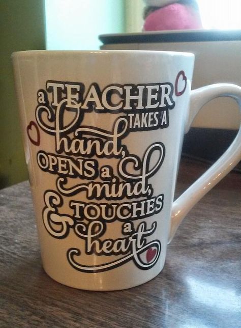 Ceramic Mug made for a customer...Love The saying...Teacher's name is on the opposite side of this cup Frog Crafts Preschool, Counselor Quotes, Appreciation Gifts Diy, Cup Decals, Teacher Appreciation Gifts Diy, Frog Crafts, Crafts Preschool, Teaching Quotes, Clear Ornaments