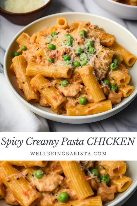 Chicken Rigatoni Recipes, Chicken Peas Pasta, Spicy Chicken Rigatoni, Chicken Rigatoni, Pasta Rigatoni, Spicy Chicken Pasta, Rigatoni Recipe, Chicken Peas, Tomato Sauce Chicken