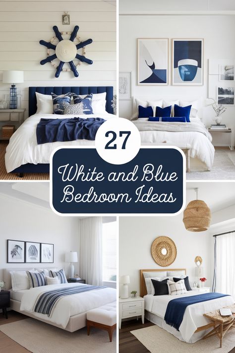 Embrace the white and blue bedroom aesthetic for a space that feels both calming and stylish.  Explore a range of ideas from modern to cozy, featuring crisp white bedding, soft blue walls, and nautical accents.  Discover how to create a serene and inviting bedroom retreat with this timeless color combination. Modern Costal Bedroom Ideas, Blue And White Bedding Bedroom, Neutral And Navy Bedroom, Blue White Bedroom Ideas, White Blue Bedroom Ideas, White And Navy Bedroom, Blue Bedroom Ideas Aesthetic, White And Blue Bedroom Ideas, White Bedding Bedroom