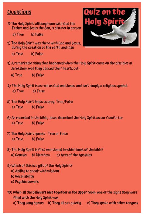 Who is the Holy Spirit? Do our quiz on the Holy Spirit. The quiz questions on the Holy Spirit are questions about the Holy Spirit, fruit of the Spirit, gifts of the Spirit, the role of the Holy Spirit and who the Holy Spirit is. Ideal for icebreakers and team bonding. Do this bible trivia with questions and answers in your small groups. Kids and youth bible quiz questions and answers. Bible Quiz Questions And Answers, Bible Family Feud, Bible Quiz Questions, Bible Study Activities, Bible Study Worksheet, Quotes For Christians, Bible Trivia, Spirit Game, Gifts Of The Spirit