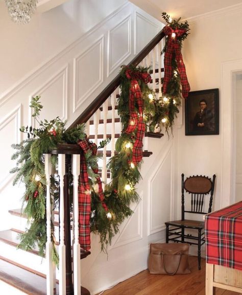 We're sharing Christmas staircase decor ideas over on our blog that you will love! These are easy to recreate and won't break your budget. Head over to our blog for more details and links to everything seen here! Christmas Banister, Christmas Stairs Decorations, Christmas Staircase Decor, Farm Chic, Christmas Stairs, Christmas Staircase, Diy Christmas Garland, Tartan Christmas, Christmas Time Is Here