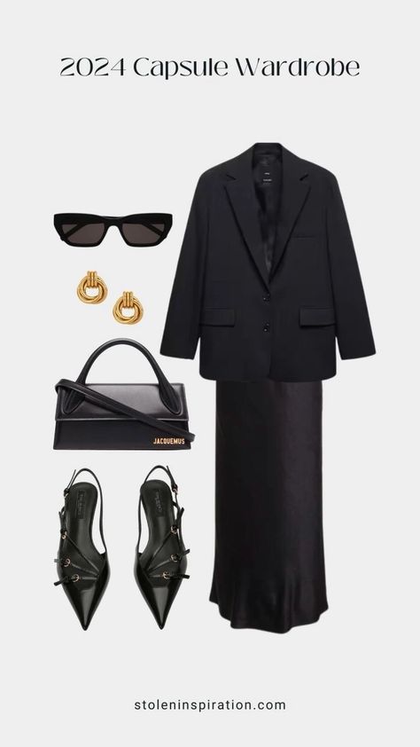 Evening Wear Capsule Wardrobe, Dress Outfits With Blazers, Classy Wardrobe Essentials Chic, All Black Outfit For Women Classy, Event Outfits For Women, Capsule Shoe Wardrobe, All Black Office Outfit, Corporate Capsule Wardrobe, Blazer Outfit Elegant