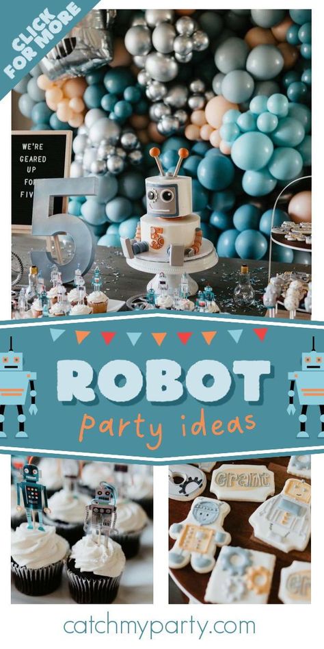 Wild Robot Birthday Party, Space Robot Birthday Party, Robot Food Ideas, Robot 2nd Birthday Party, Robot Birthday Party Cake, Robot Birthday Party Food, Robots Birthday Party, Robot Theme Party, Robot 3rd Birthday Party