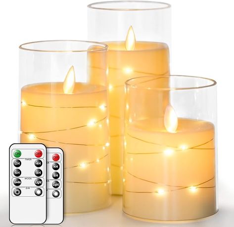 salipt LED Flameless Candles, Battery Operated Flickering Candles, Moving Flame Electric Candle Sets Glass Effect with Remote Timer, Set of 3, H 4" 5" 6" - Fairy Lights : Amazon.co.uk: Lighting Candles Bedroom, Room Kitchen Ideas, Party Gadgets, Ivory Candles, Candle Arrangements, Electronic Candles, Battery Candles, Led Pillar Candle, Kitchen Party