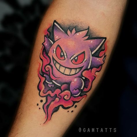 Watercolour Pokemon, Gengar Tattoo, Pikachu Tattoo, Abstract Art Tattoo, Gamer Tattoos, Gengar Pokemon, Kunst Tattoos, Ghost Pokemon, Ghost Tattoo