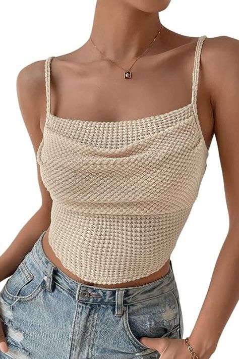 Women's Spaghetti Strap Draped Front Cami Crop Top Summer Camisole Crochet Shirt Outfit, Crochet Crop Top Outfit, Bone Crochet, Crochet Top Outfit, Crochet Ladies Tops, Crochet Fashion Patterns, Crochet Crop, Crochet Shirt, Crop Top Outfits