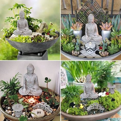 Zen Garden Centerpiece, Buddha In Garden Ideas, Mini Buddha Garden, Zen Garden Diy Miniature, Buddha Alter Ideas, Zen Diy Decor, Small Zen Garden Ideas Indoor, Patio Zen Garden, Zen Garden Indoor Design