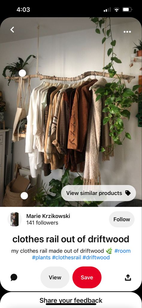 Driftwood Clothes Rack, Stick Clothing Rack, Hanging Driftwood From Ceiling, Tree Branch Hanger, Boho Driftwood Decor, Hanging Branches From Ceiling, Diy Clothes Hanger Rack, Diy Storage Space, Wood Clothing Rack