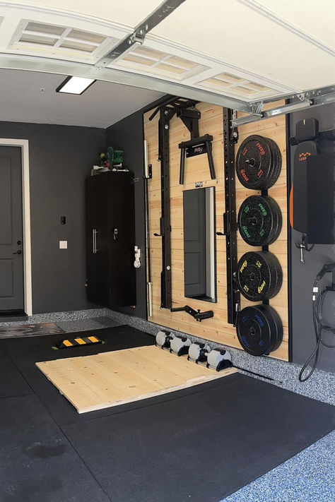 Your may be trying to squeeze a home gym into the corner of an unfinished basement, a spare bedroom or part of a garage. Folding home gym equipment can be a savior in these cases. Click through to read our guide to folding gym equipment for home gyms Garage Gym Folding Rack, Garage Half Gym Half Workshop, Mini Gym In Garage, Garage Gym And Playroom, 1 Car Garage Gym Ideas, Garage Gym Transformation, Metal Building Gym Ideas, Garage Gym With Car, 1 Car Garage Gym