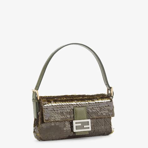 Green satin bag with sequins - BAGUETTE 1997 | Fendi Fendi Crystal Baguette, Fendi Multicolor Baguette, Fendi Baguette Sequin, Fendi Baguette Vintage, Vintage Fendi Baguette, Fendi Sequin Bag, Fendi Baguette Bag, Baguette Bags, Fendi Store