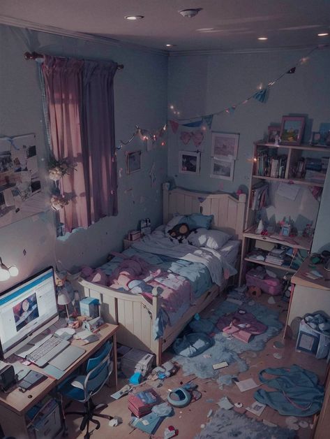 Messy Anime Room, Bedroom Reference Photo, Anime Bedroom Art, Siblings Room, Drawn Backgrounds, Character Bedroom, Cluttered Room, Anime Bedroom Ideas, Sibling Room