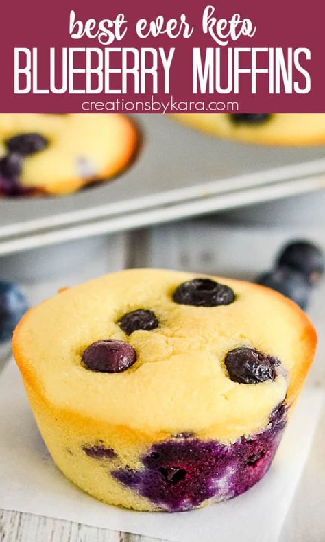 Recipe for the BEST KETO BLUEBERRY MUFFINS made with almond flour. Cream cheese makes them extra moist and delicious, and they are only 4 net carbs each! Freeze them for quick snacks on the go. #ketoblueberrymuffins #almondflourblueberrymuffins #ketomuffins #lowcarbblueberrymuffins -from Creations by Kara Sugar Free Baked Goods, Healthy Cupcake Recipes Low Calories, Sugar Free Blueberry Muffins, Fat Free Desserts, Fat Free Recipes, Fluffy Muffins, Keto Blueberry Muffins, Sugar Free Baking, Coconut Bowls