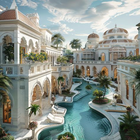 A white palace and its surrounding elite villas, a pristine and glamorous look that shines, sunny, polished walls and quartz adorned marble rooftops, medieval them Comic Landscape, Italian Resort, Anime Architecture, Beach Palace, Mansion Aesthetic, White Palace, Exotic Homes, Classic House Exterior, Dream Life House