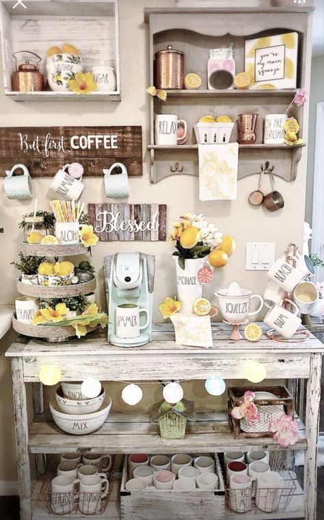 Only ♥️ the snack stacker Spring Coffee Bar, Cocina Shabby Chic, Coffee Bar Station, Coin Café, Coffee Area, Coffee Stations, Lemon Kitchen Decor, Lemon Kitchen, Home Coffee Stations