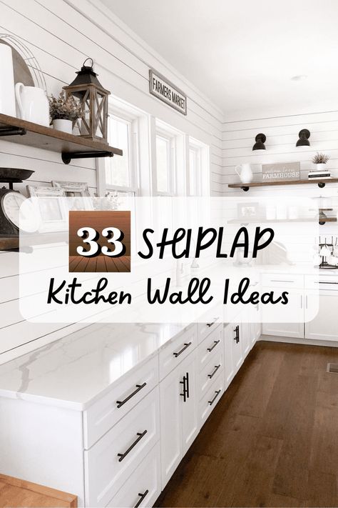 Shiplap Kitchen With Open Shelving, Shipload Backsplash, Kitchen Accent Wall Ideas Shiplap, Shiplap Kitchen And Dining Room, White Kitchen With Shiplap, Shiplap Kitchen With Tile Backsplash, White Kitchen Panelling, Shiplap Feature Wall Kitchen, Using Shiplap As Kitchen Backsplash