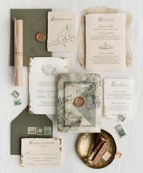 Wax Seal With Greenery, Vintage Greenery Wedding, Moody Wedding Invitation Suite, French Style Wedding Invitations, Wedding Invite Vintage, Custom Wedding Invites, Greece Wedding Invitations, Wedding Invitation Vintage, Destination Wedding Invites