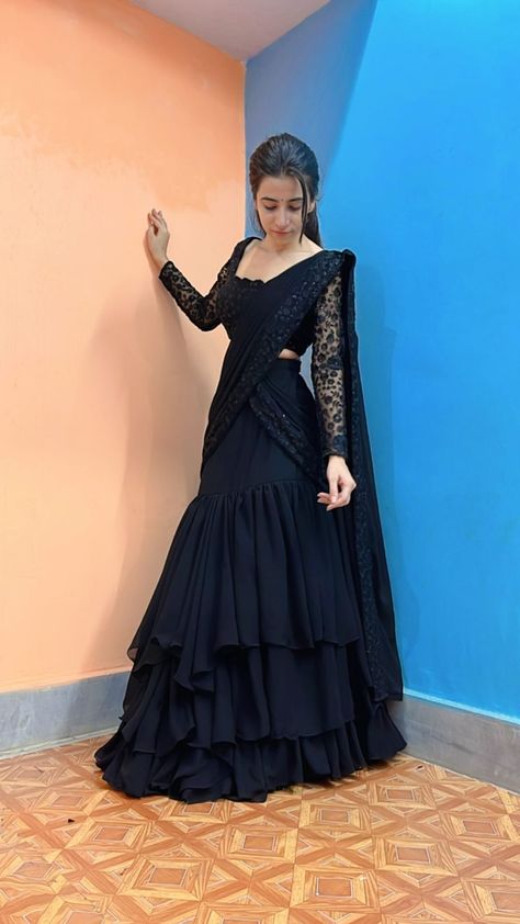 YOUR DREAMY BOUTIQUE | BLACK COLOUR LEHENGA SAREE, Ready-to-wear 🖤 Description: sequins & thread work blouse, Georgette fabric for saree, Border work on pallu, … | Instagram Designer Black Saree, Dresses Of Saree, Part Wear Dresses Designs, Ready To Wear Saree For Wedding, Black Ready To Wear Saree, Black Saree Blouse Ideas, Dresses With Sarees, Black Lehenga Designs, Lehenga With Saree