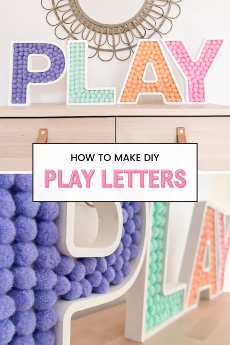 Looking to add a playful touch to your kids' playroom decor? Make these super cute DIY PLAY letters for their playroom. | CraftCuts.com Name Sign Diy, Diy Wall Letters, Wood Letter Crafts, Spray Paint Wood, Kids Door Signs, Painting Wooden Letters, Kids Craft Room, Wood Monogram, Kids Playroom Decor