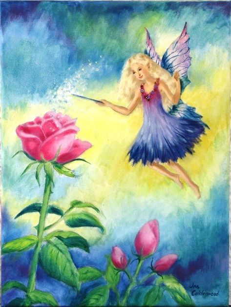 Jan Calderwood Fine Art - Opening the Roses. A fairy opens roses in a lovely garden. Oil painting. Fantasy flower fairy art. Flower Fairy Art, Fairy Whispers, Butterfly Fairies, Garden Oil Painting, Fairy Paintings, Rose Fairy, Fairy Drawings, Fairy Lanterns, Magical Land