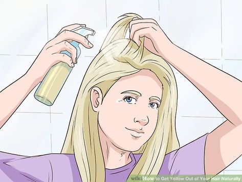 4 Ways to Get Yellow Out of Your Hair Naturally - wikiHow How To Get Yellow Out Of Blonde Hair, How To Get Yellow Out Of Gray Hair, Tone Yellow Hair, Grey Hair Turning Yellow, Acv Hair, Natural White Hair, Yellow Hair Color, Grey Hair Care, Baking Soda For Hair