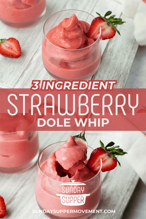 Fresh and flavorful Strawberry Dole Whip is just minutes away using only 3 simple ingredients! You are sure to love the flavor of this easy strawberry whip. via @thesundaysupper 3 Ingredient Dole Whip Recipe, Cool Whip Fruit Desserts, Smoothies In Food Processor, Reddi Whip Recipes, Easy Snack Recipes For Work, Cherry Dole Whip, Homemade Summer Treats, Sweet Summer Desserts, Cool Whip Snack Ideas