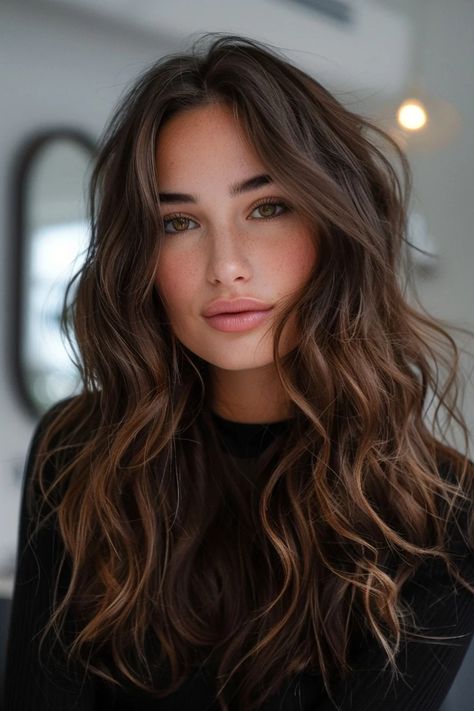 Woman with wavy brown hair and green eyes, wearing a black top. Brown Hair On Tan Skin, Chocolate Brown Hair With Balayage, Brown Cherry Hair, Brown Cherry Hair Color, Hair On Tan Skin, Brown Hair With Balayage, Brunette Hair Balayage, Chestnut Balayage, Cinnamon Brown Hair Color