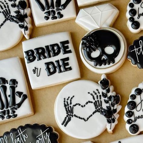 Laurel Fleming on Instagram: "𝔅𝔯𝔦𝔡𝔢 𝔬𝔯 𝔇𝔦𝔢 🖤💍 . . . #brideordie #brideordiecookies #tilldeathdousparty #deathcookies #bridalshowercookies #misstomrscookies #futuremrscookies #bridetobe #weddingszn #bridecookies #bridalcookies #misstomrs #bachelorette #bachelorettecookies #cookiedecorating #royalicingcookies #bakery #decoratedsugarcookies #decoratedcookies #sugarcookiemarketing #lousianabaker #sugarcookies #cookiesofinstagram #smallbusiness #cookieartist #talentedcookiers" Bride Or Die Cookies, Bride Or Die Bridal Shower Ideas, Ride Or Die Bachelorette Theme, Goth Bachelorette Party Ideas, Bride Or Die Bachelorette Parties, Rip Single Life Bachelorette, Bride Or Die Bachelorette Theme, Black Bachelorette Party, Bride Cookies