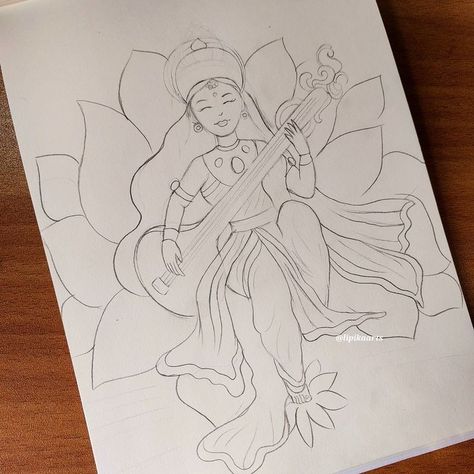 Saraswati Drawing Art, Saraswati Maa Sketch, Saraswati Maa Drawing Easy, Indian God Drawing Easy, Sarswati Maa Drawing Easy, Drawing Of God Krishna, Goddess Drawing Pencil, Indian Goddess Drawing, Saraswati Goddess Drawing