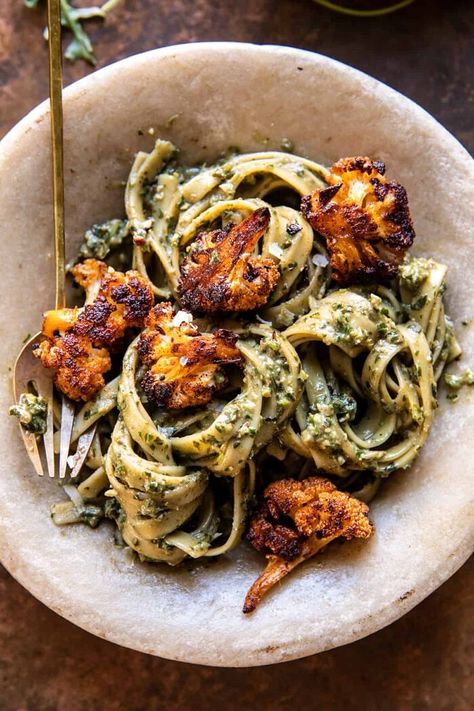 Cauliflower Pesto Pasta, Fall Pesto Pasta, Half Baked Harvest Spaghetti, Crispy Roasted Cauliflower, Creamy Pesto Pasta, Creamy Pesto, Half Baked, Good Eat, Low Carb Paleo