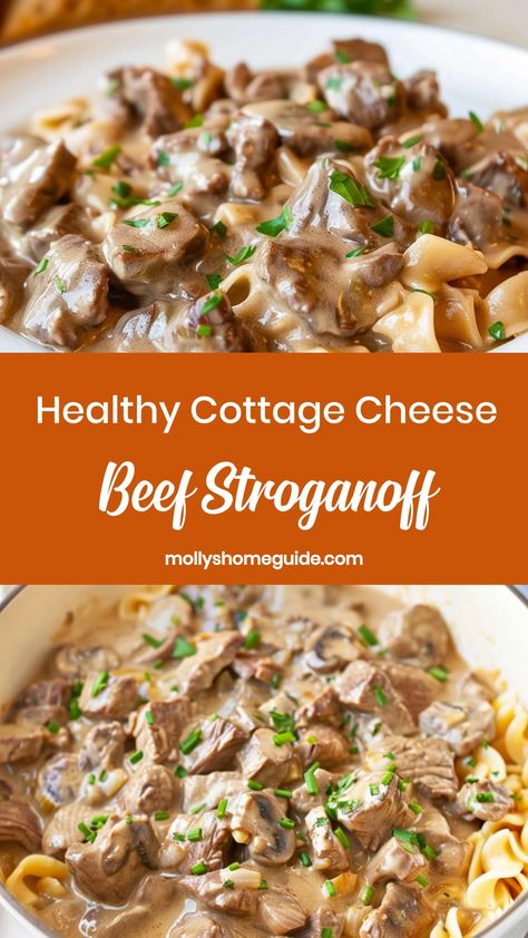 Indulge in the ultimate comfort food with this delicious cottage cheese beef stroganoff recipe. This creamy and savory dish is perfect for cozy family dinners or casual gatherings with friends. The tender beef combined with rich cottage cheese sauce creates a hearty and satisfying meal that everyone will love. Wow your guests with this easy-to-make yet impressive dinner option that is sure to become a new favorite in your recipe collection.  Ingredients 1 lb lean ground beef 1 small onion, chopp Beef Stroganoff With Cottage Cheese, Ground Turkey Stroganoff Healthy, Healthy Beef Stroganoff Recipe, High Protein Beef Stroganoff, Meals Made With Cottage Cheese, Hamburger Cottage Cheese Recipes, Dinners With Cottage Cheese, Dinner Recipes With Cottage Cheese, Ground Beef And Cottage Cheese Recipes