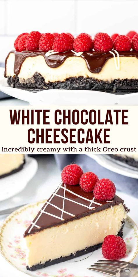 This white chocolate cheesecake is incredibly creamy with a silky smooth texture. The white chocolate flavor is delicate - ensuring that the cheesecake isn't too sweet. This recipe is has an Oreo crust and chocolate ganache on top for a truly stunning dessert. It's equally delicious served plain with a few fresh raspberries or strawberries on top. #cheesecake #whitechocolate #valentinesday #oreocrust #whitechocolatecheesecake #whitechocolateraspberrycheesecake #recipe from Just So Tasty No Bake White Chocolate Cheesecake, White Chocolate Strawberry Cheesecake, Delicious Desserts Recipes, Cheesecake Flavors, White Chocolate Cheesecake Recipes, Cheesecakes Recipes, Baked White Chocolate Cheesecake, White Chocolate Desserts, Cheesecake Oreo