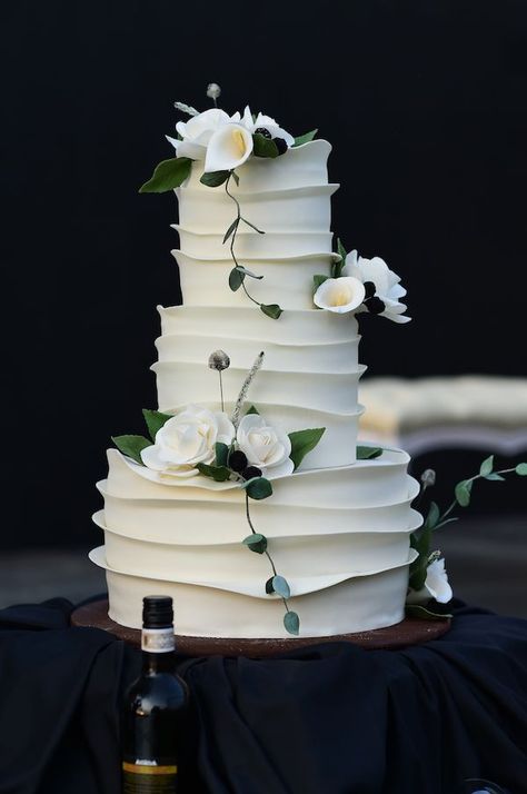 three tier wedding cake | greens | flowers Three Tier Wedding Cake, Green Wedding Cake, Black Attire, Ceremony Dresses, Wearing All Black, Black And White Wedding, Black White Wedding, Wedding Cake Inspiration, Black Strapless Dress