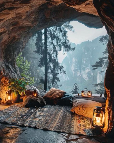 Log Cabin In The Woods Aesthetic, Mountain Cave Aesthetic, Fantasy Cave Home, Fantasy Lounge, Mountain Cave, Living Room Hacks, Cave Room, Cave Home, Cave House